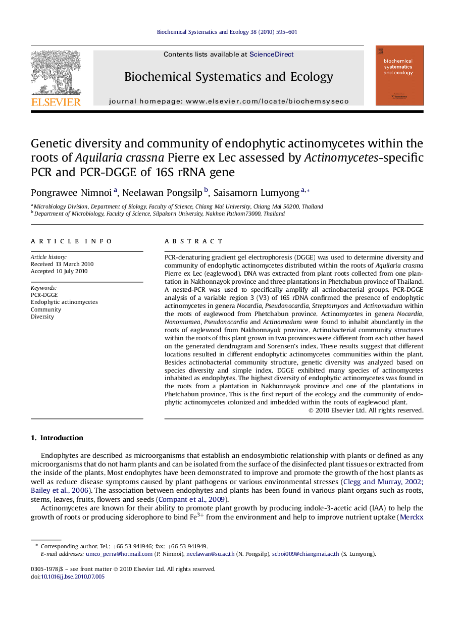 Genetic diversity and community of endophytic actinomycetes within the roots of Aquilaria crassna Pierre ex Lec assessed by Actinomycetes-specific PCR and PCR-DGGE of 16S rRNA gene