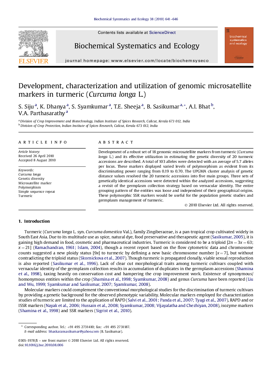 Development, characterization and utilization of genomic microsatellite markers in turmeric (Curcuma longa L.)