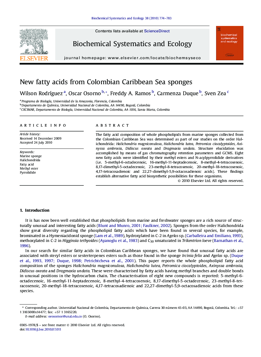 New fatty acids from Colombian Caribbean Sea sponges