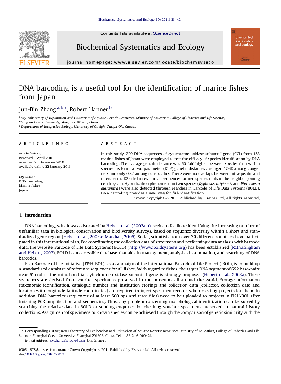 DNA barcoding is a useful tool for the identification of marine fishes from Japan