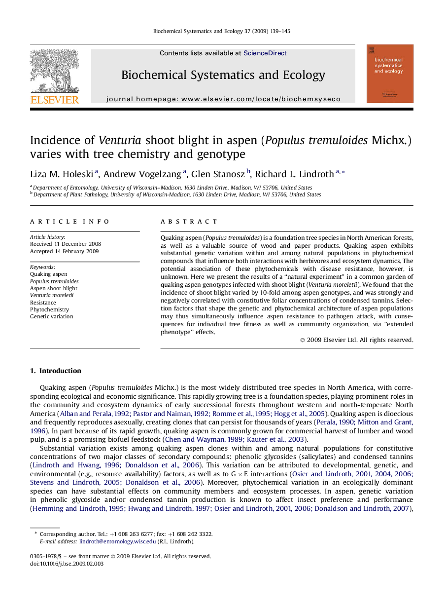 Incidence of Venturia shoot blight in aspen (Populus tremuloides Michx.) varies with tree chemistry and genotype