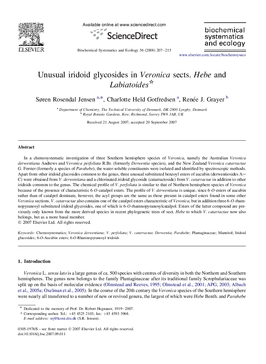 Unusual iridoid glycosides in Veronica sects. Hebe and Labiatoides 