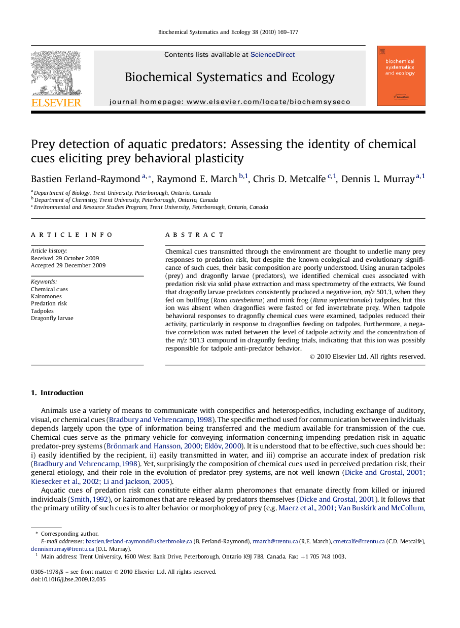 Prey detection of aquatic predators: Assessing the identity of chemical cues eliciting prey behavioral plasticity