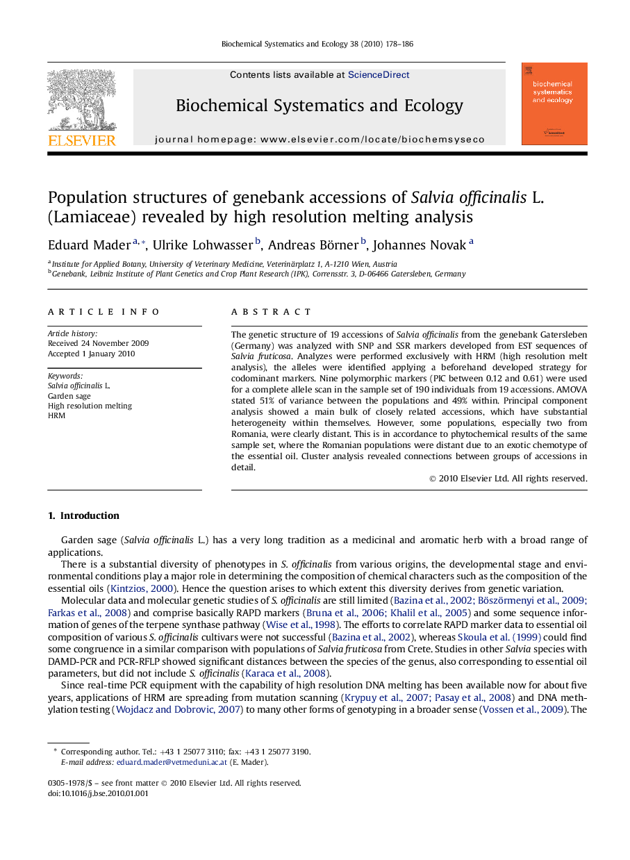 Population structures of genebank accessions of Salvia officinalis L. (Lamiaceae) revealed by high resolution melting analysis