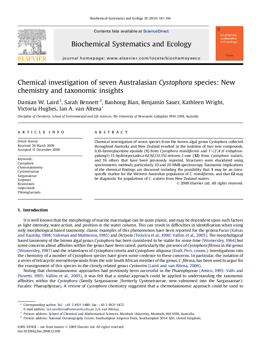 Chemical investigation of seven Australasian Cystophora species: New chemistry and taxonomic insights