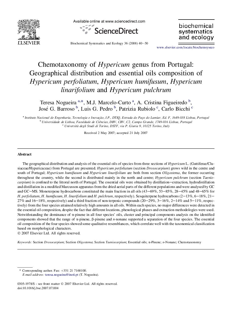 Chemotaxonomy of Hypericum genus from Portugal: Geographical distribution and essential oils composition of Hypericum perfoliatum, Hypericum humifusum, Hypericum linarifolium and Hypericum pulchrum