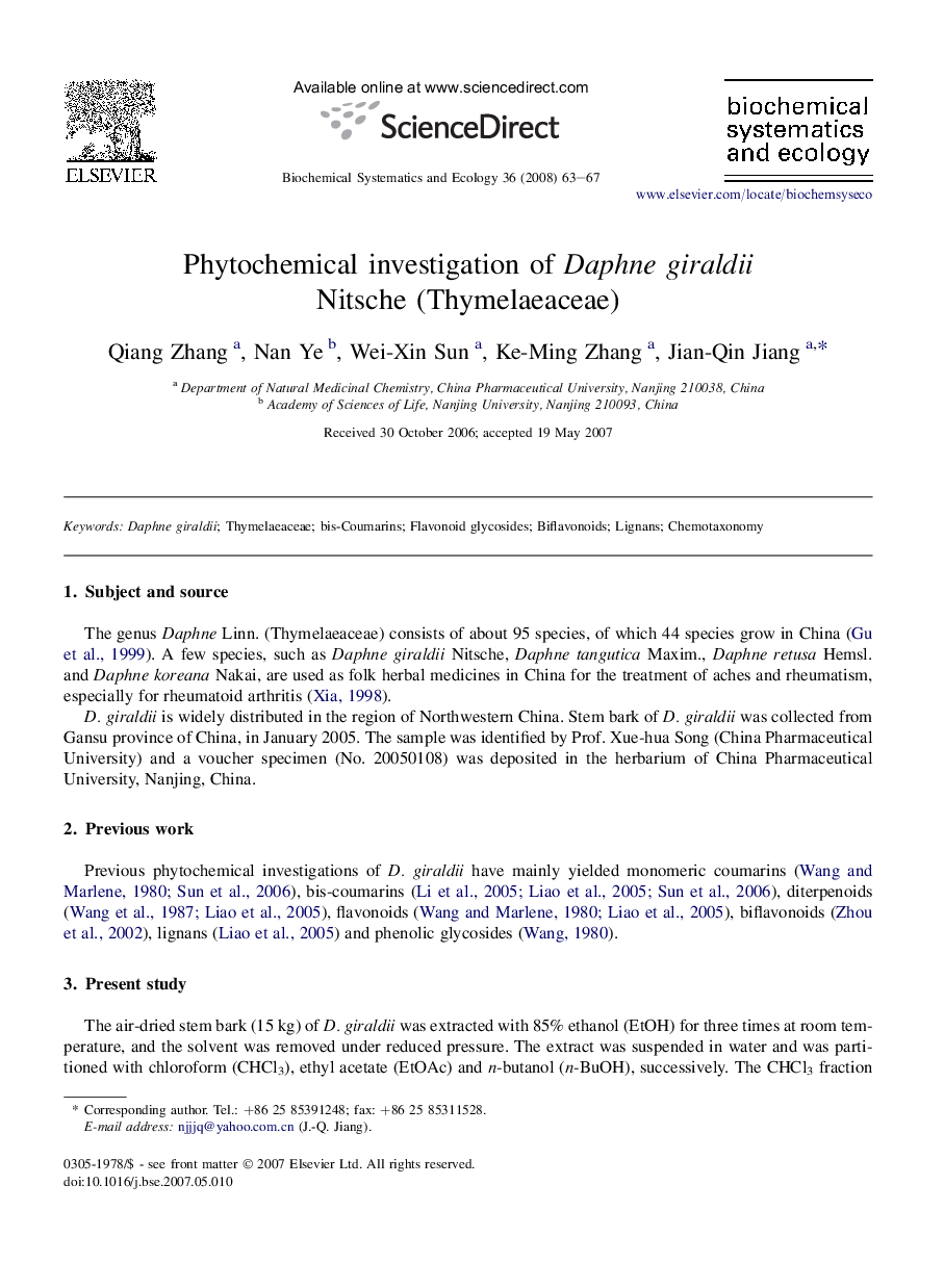 Phytochemical investigation of Daphne giraldii Nitsche (Thymelaeaceae)