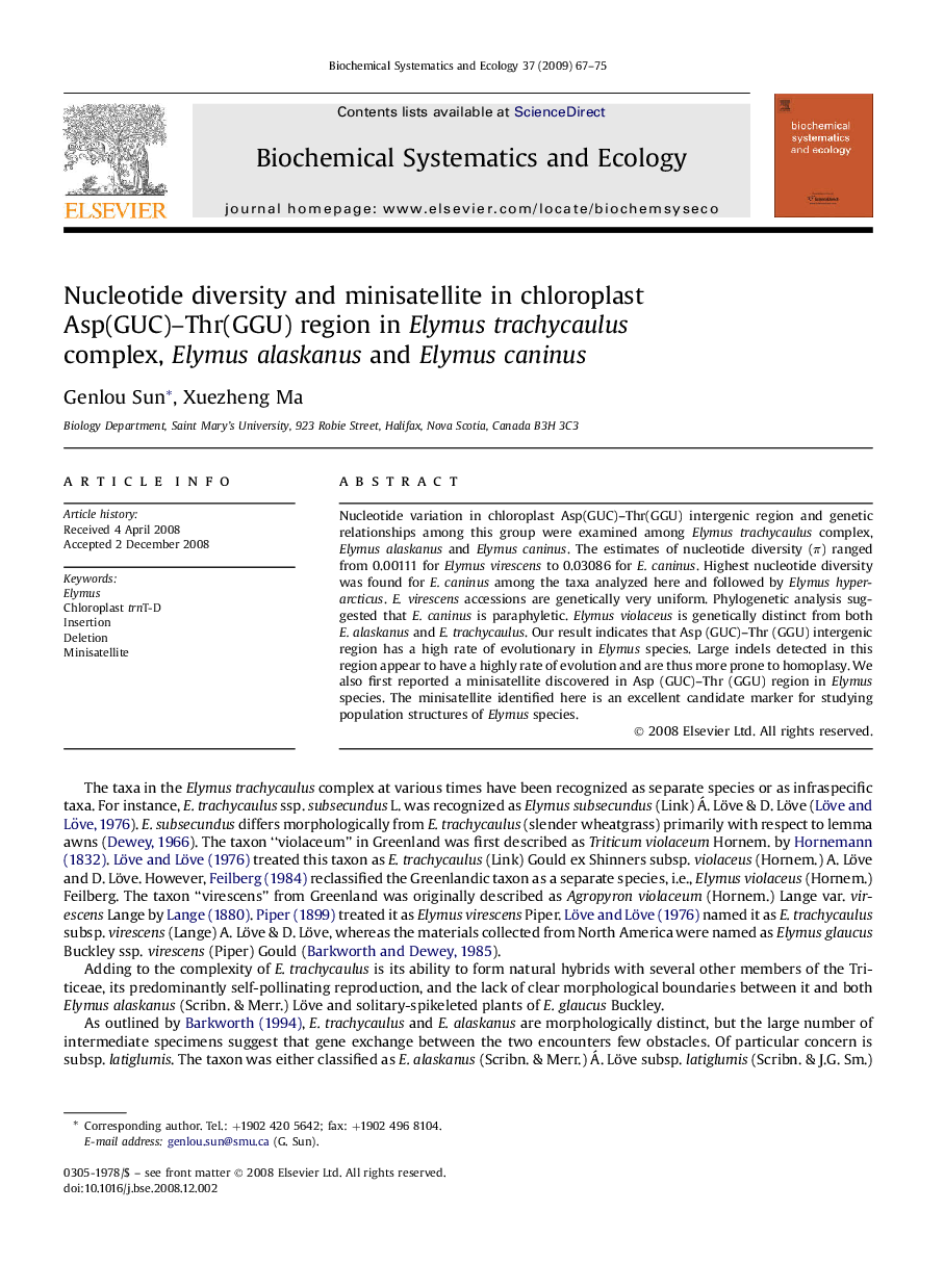 Nucleotide diversity and minisatellite in chloroplast Asp(GUC)-Thr(GGU) region in Elymus trachycaulus complex, Elymus alaskanus and Elymus caninus