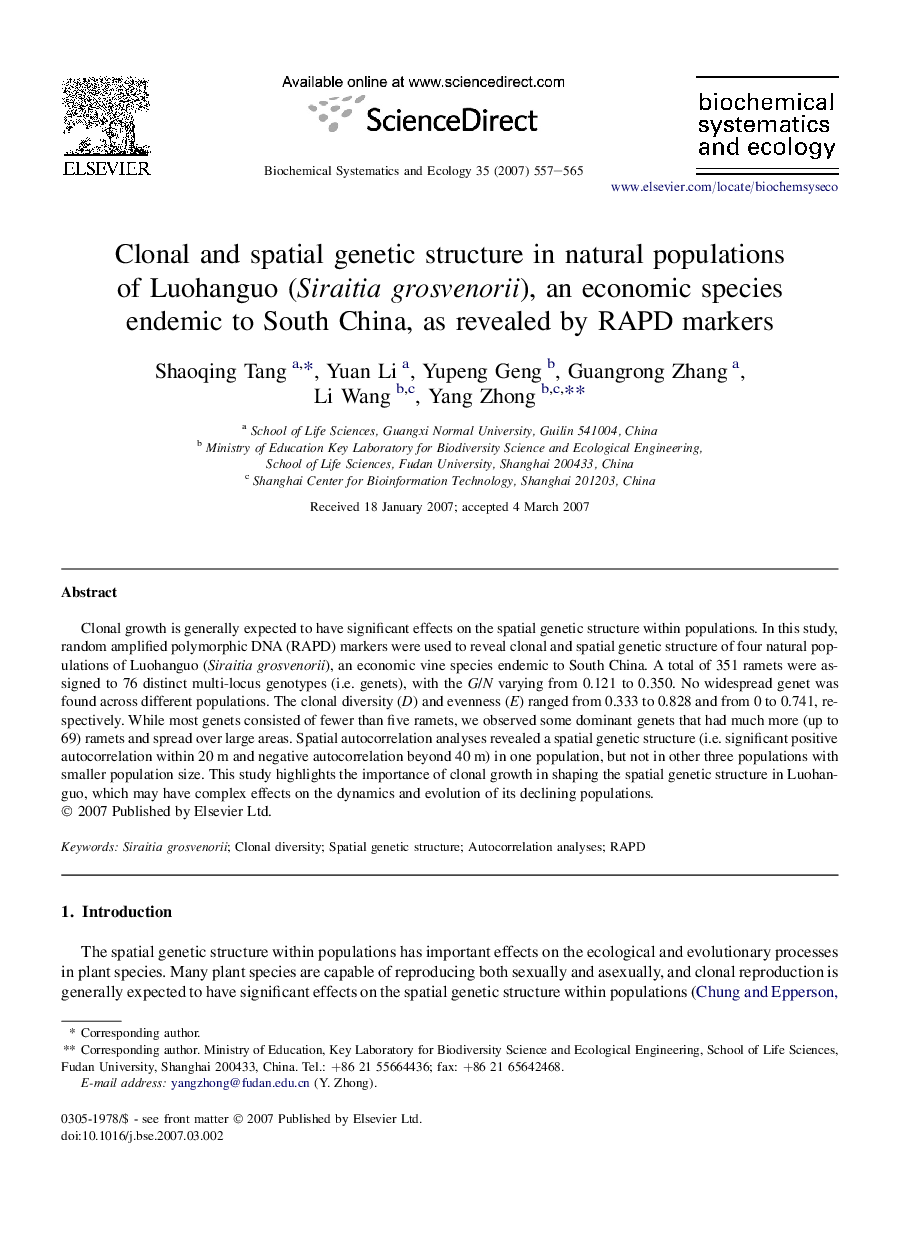 Clonal and spatial genetic structure in natural populations of Luohanguo (Siraitia grosvenorii), an economic species endemic to South China, as revealed by RAPD markers