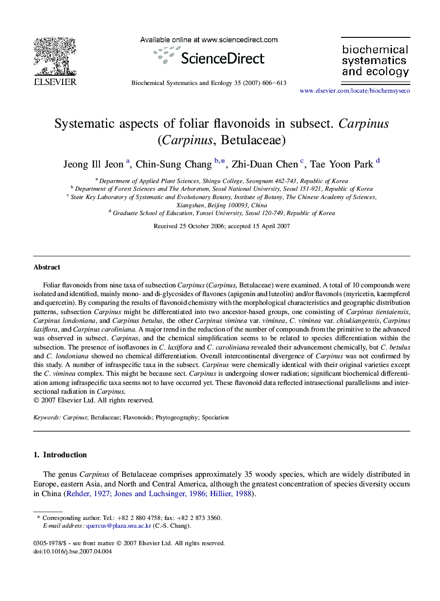 Systematic aspects of foliar flavonoids in subsect. Carpinus (Carpinus, Betulaceae)