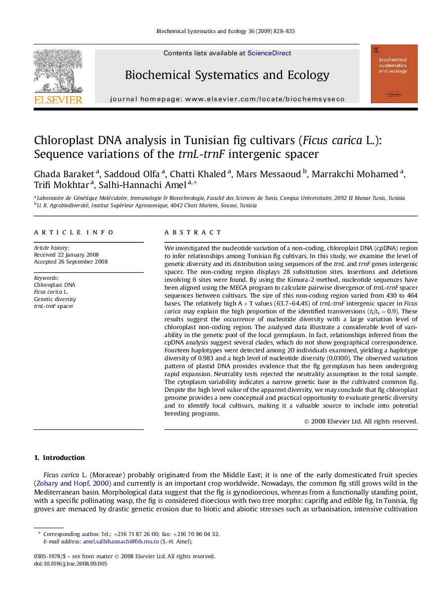 Chloroplast DNA analysis in Tunisian fig cultivars (Ficus carica L.): Sequence variations of the trnL-trnF intergenic spacer