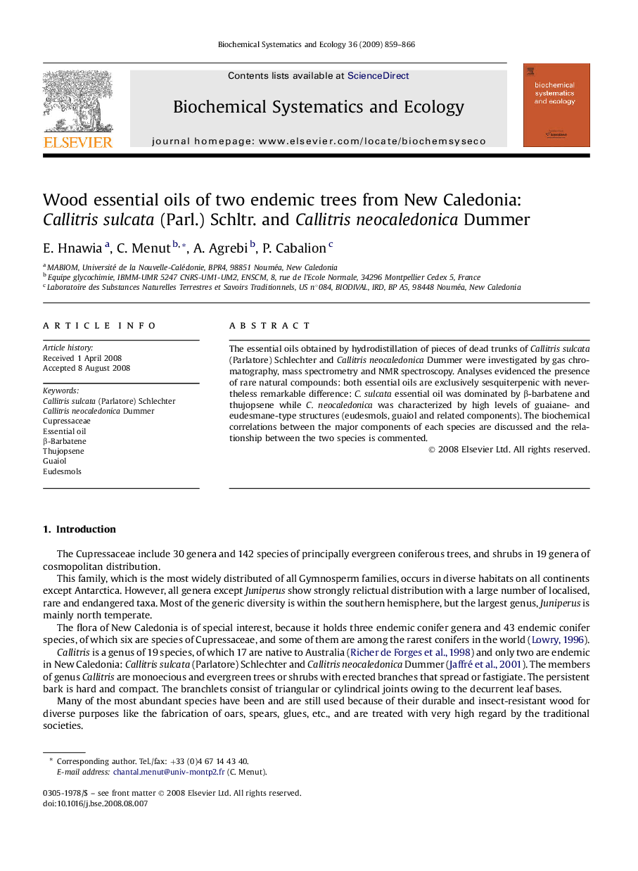 Wood essential oils of two endemic trees from New Caledonia: Callitris sulcata (Parl.) Schltr. and Callitris neocaledonica Dummer