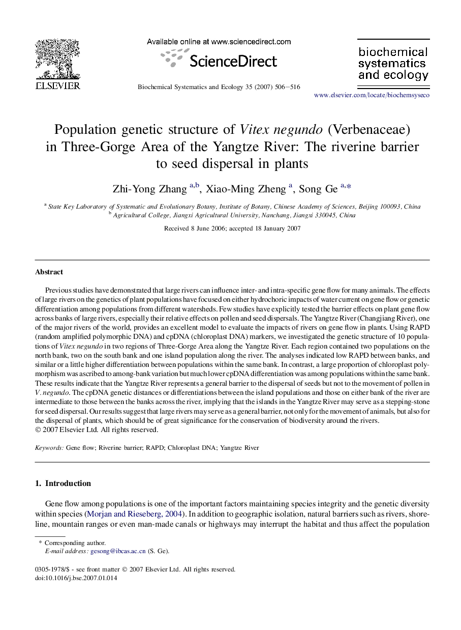 Population genetic structure of Vitex negundo (Verbenaceae) in Three-Gorge Area of the Yangtze River: The riverine barrier to seed dispersal in plants