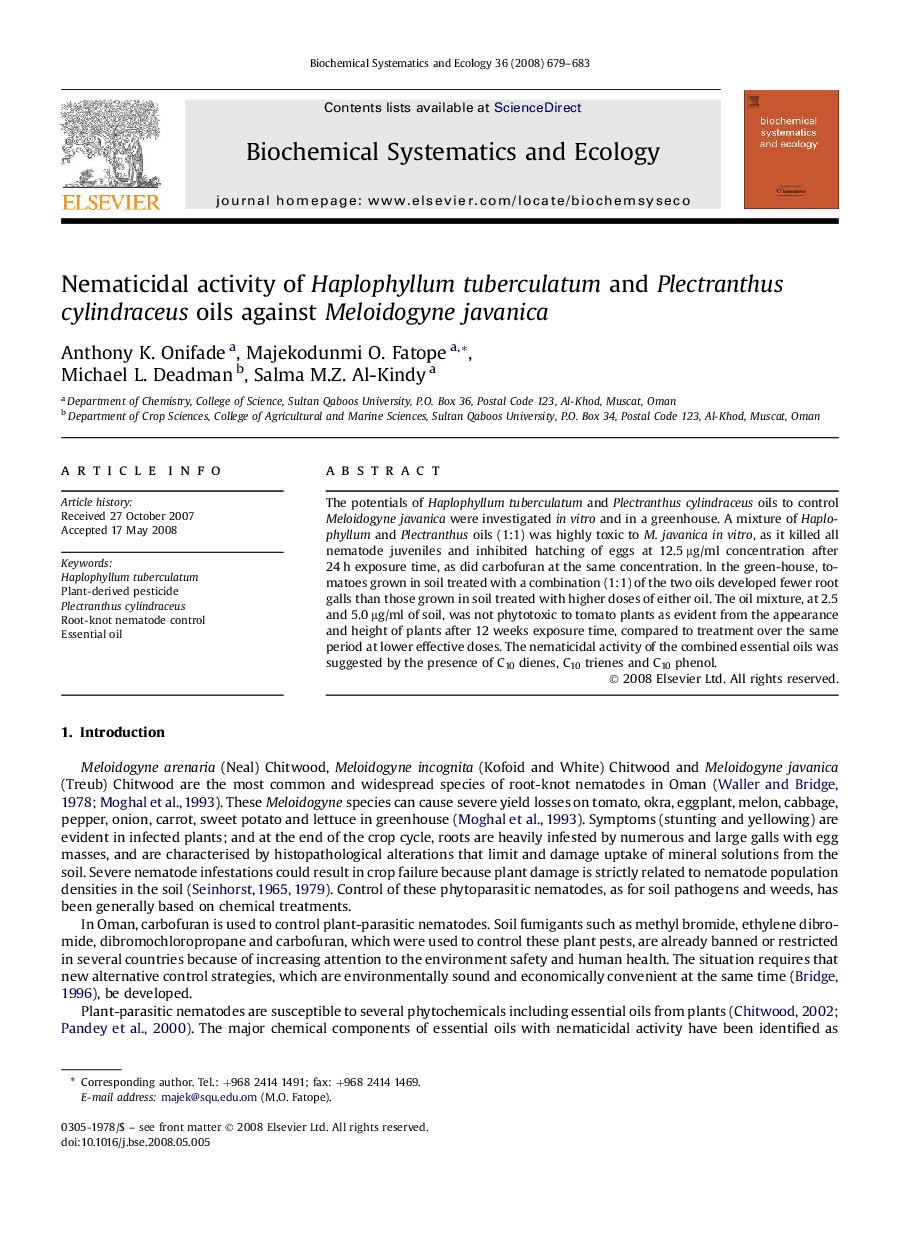 Nematicidal activity of Haplophyllum tuberculatum and Plectranthus cylindraceus oils against Meloidogyne javanica