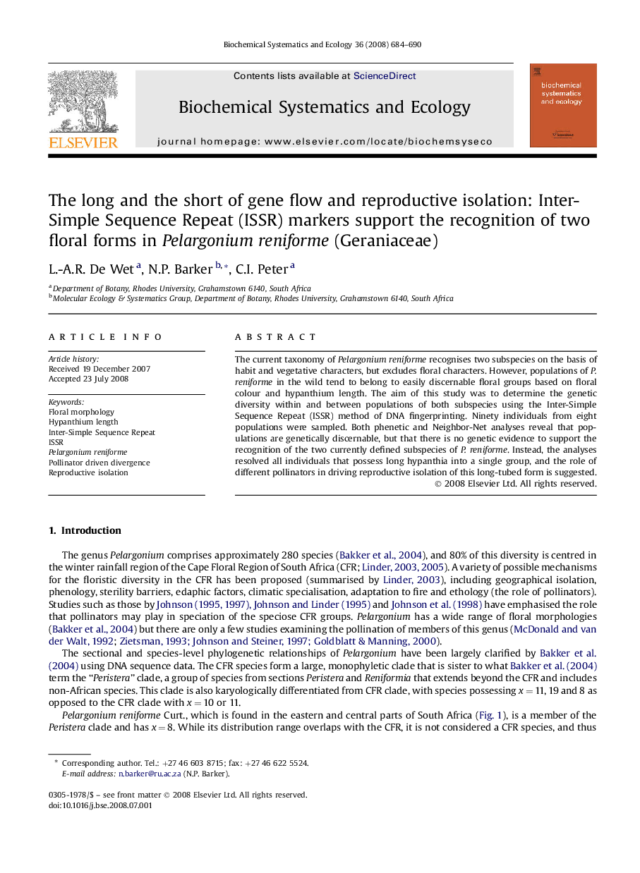 The long and the short of gene flow and reproductive isolation: Inter-Simple Sequence Repeat (ISSR) markers support the recognition of two floral forms in Pelargonium reniforme (Geraniaceae)