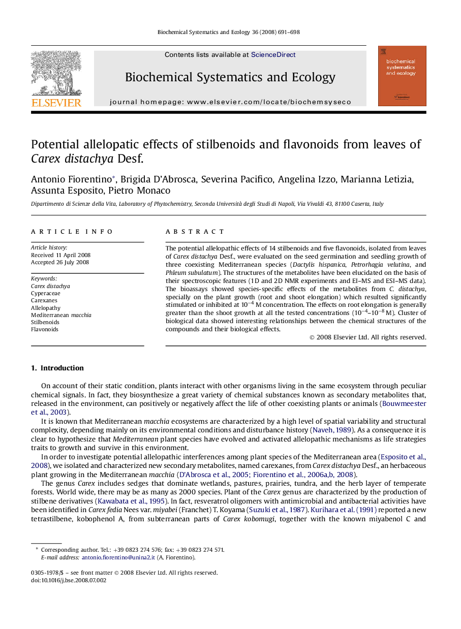 Potential allelopatic effects of stilbenoids and flavonoids from leaves of Carex distachya Desf.