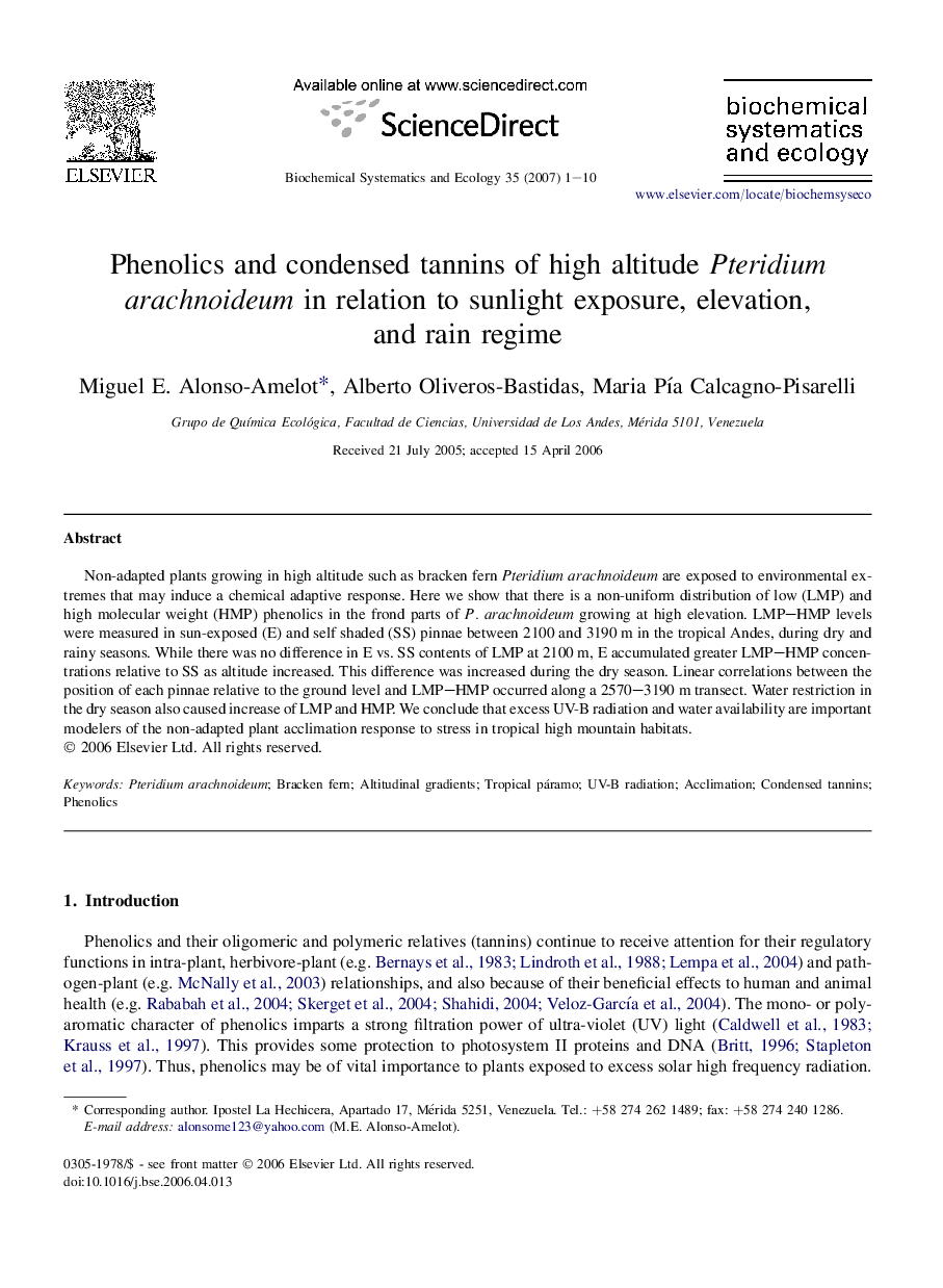 Phenolics and condensed tannins of high altitude Pteridium arachnoideum in relation to sunlight exposure, elevation, and rain regime