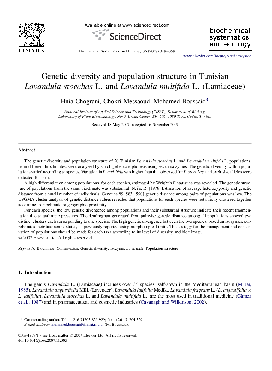 Genetic diversity and population structure in Tunisian Lavandula stoechas L. and Lavandula multifida L. (Lamiaceae)