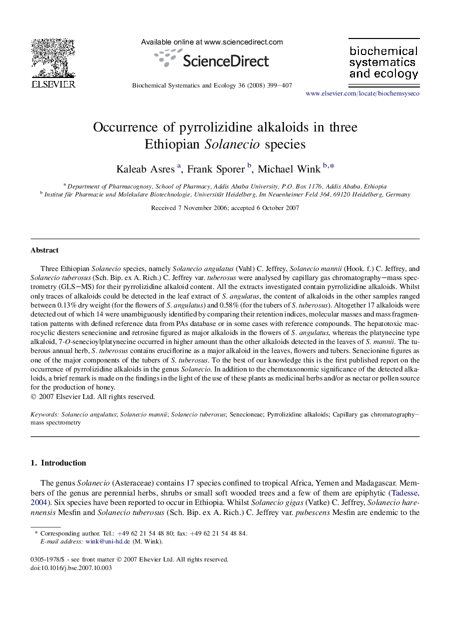 Occurrence of pyrrolizidine alkaloids in three Ethiopian Solanecio species