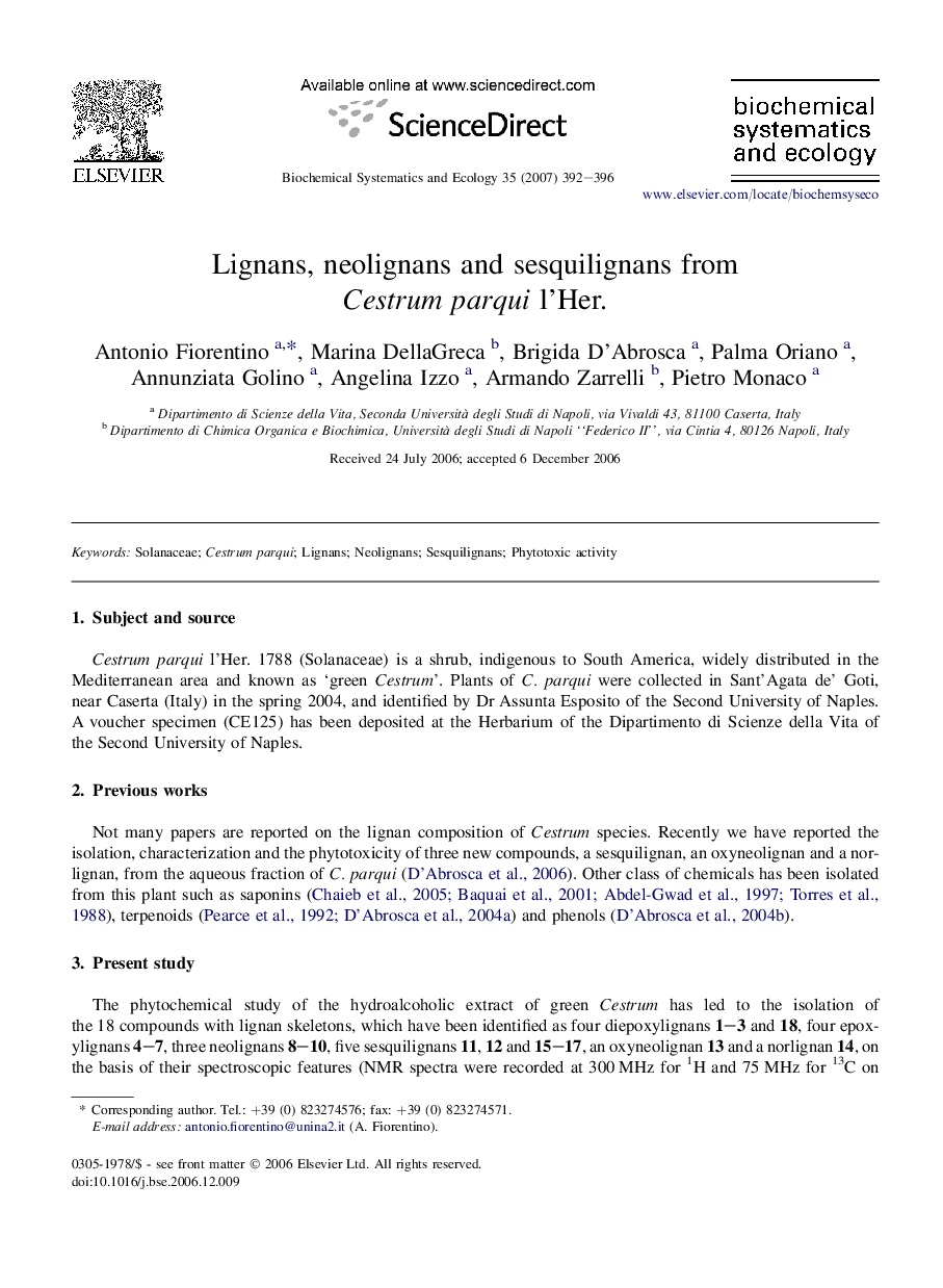 Lignans, neolignans and sesquilignans from Cestrum parqui l'Her.