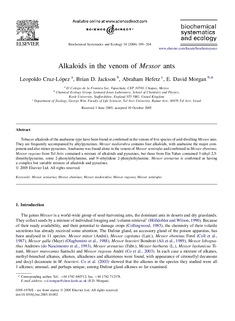 Alkaloids in the venom of Messor ants
