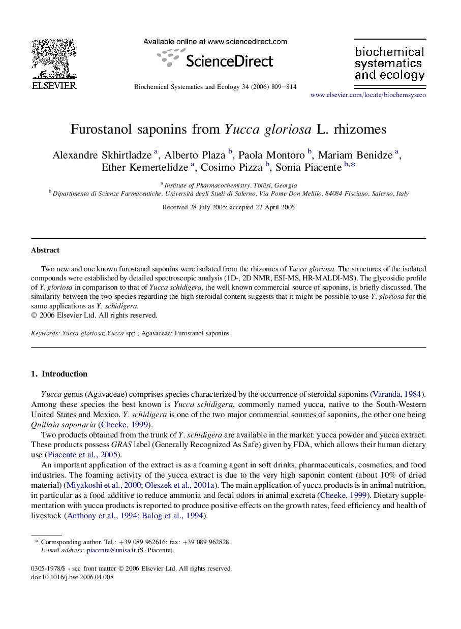 Furostanol saponins from Yucca gloriosa L. rhizomes