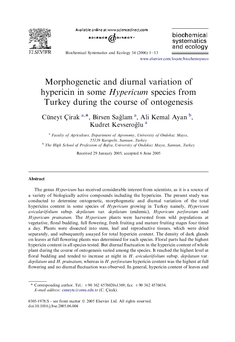 Morphogenetic and diurnal variation of hypericin in some Hypericum species from Turkey during the course of ontogenesis