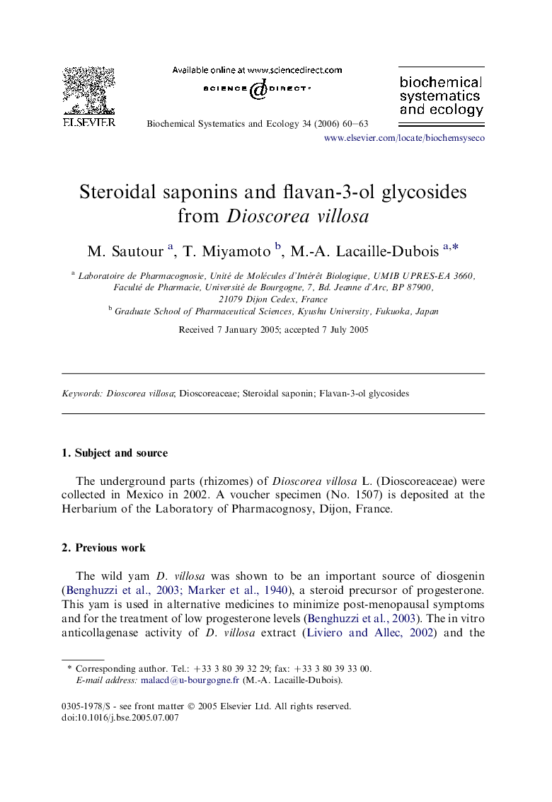 Steroidal saponins and flavan-3-ol glycosides from Dioscorea villosa