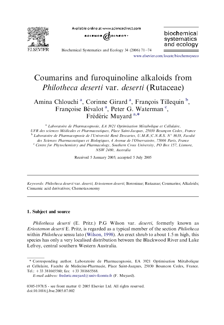 Coumarins and furoquinoline alkaloids from Philotheca deserti var. deserti (Rutaceae)