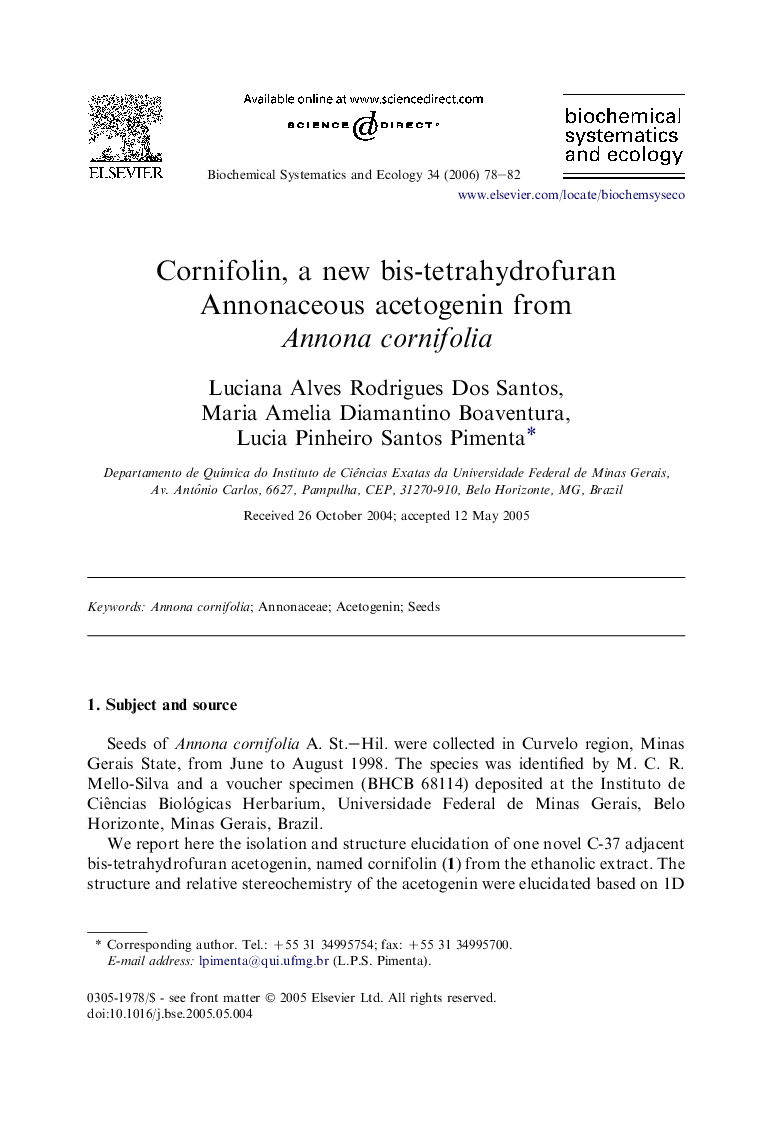 Cornifolin, a new bis-tetrahydrofuran Annonaceous acetogenin from Annona cornifolia