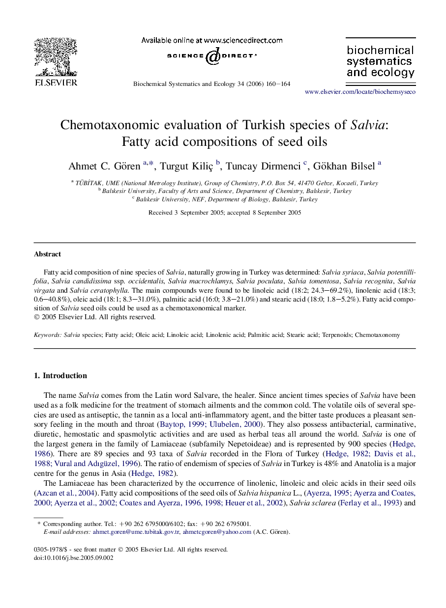 Chemotaxonomic evaluation of Turkish species of Salvia: Fatty acid compositions of seed oils