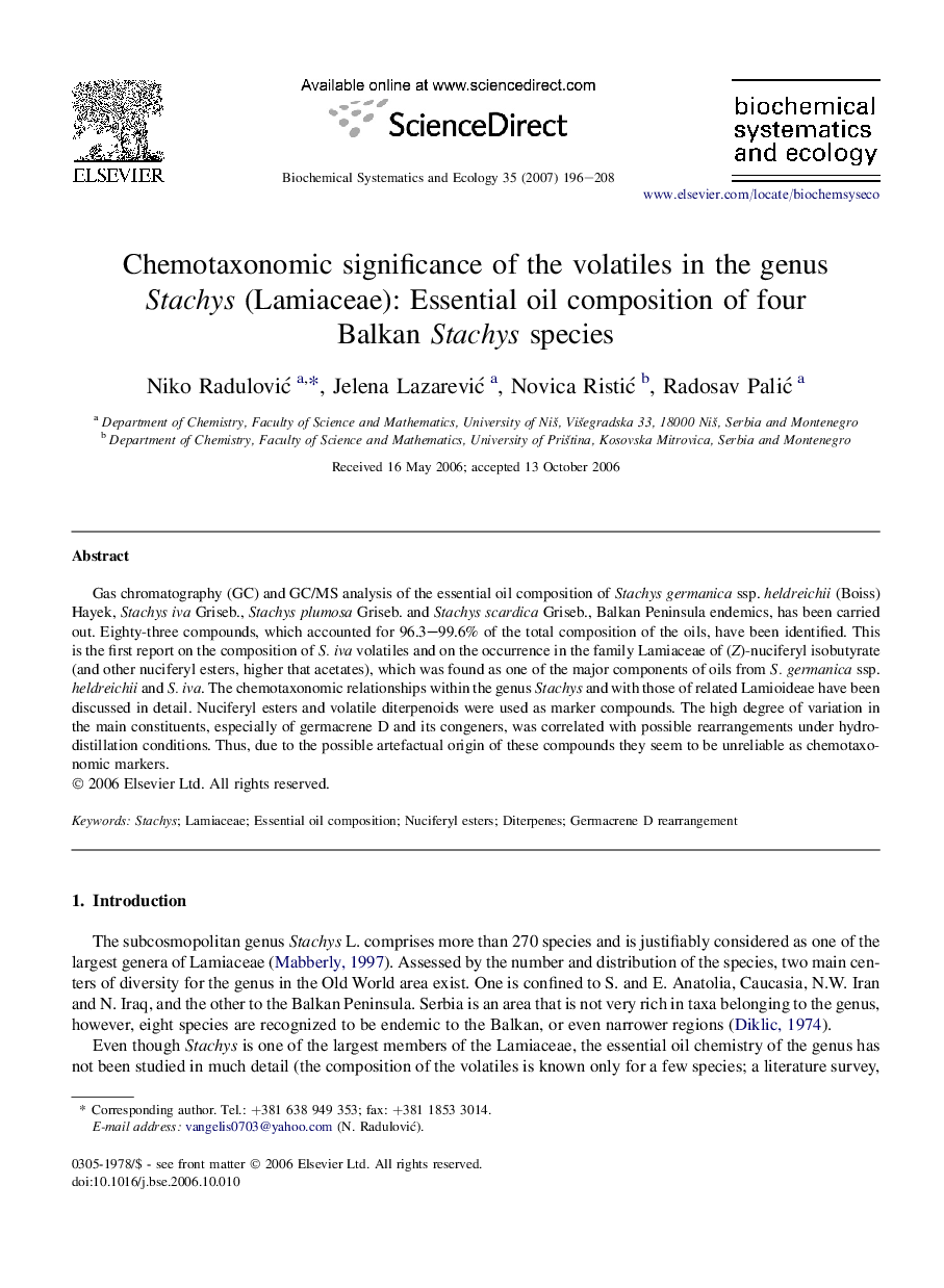 Chemotaxonomic significance of the volatiles in the genus Stachys (Lamiaceae): Essential oil composition of four Balkan Stachys species