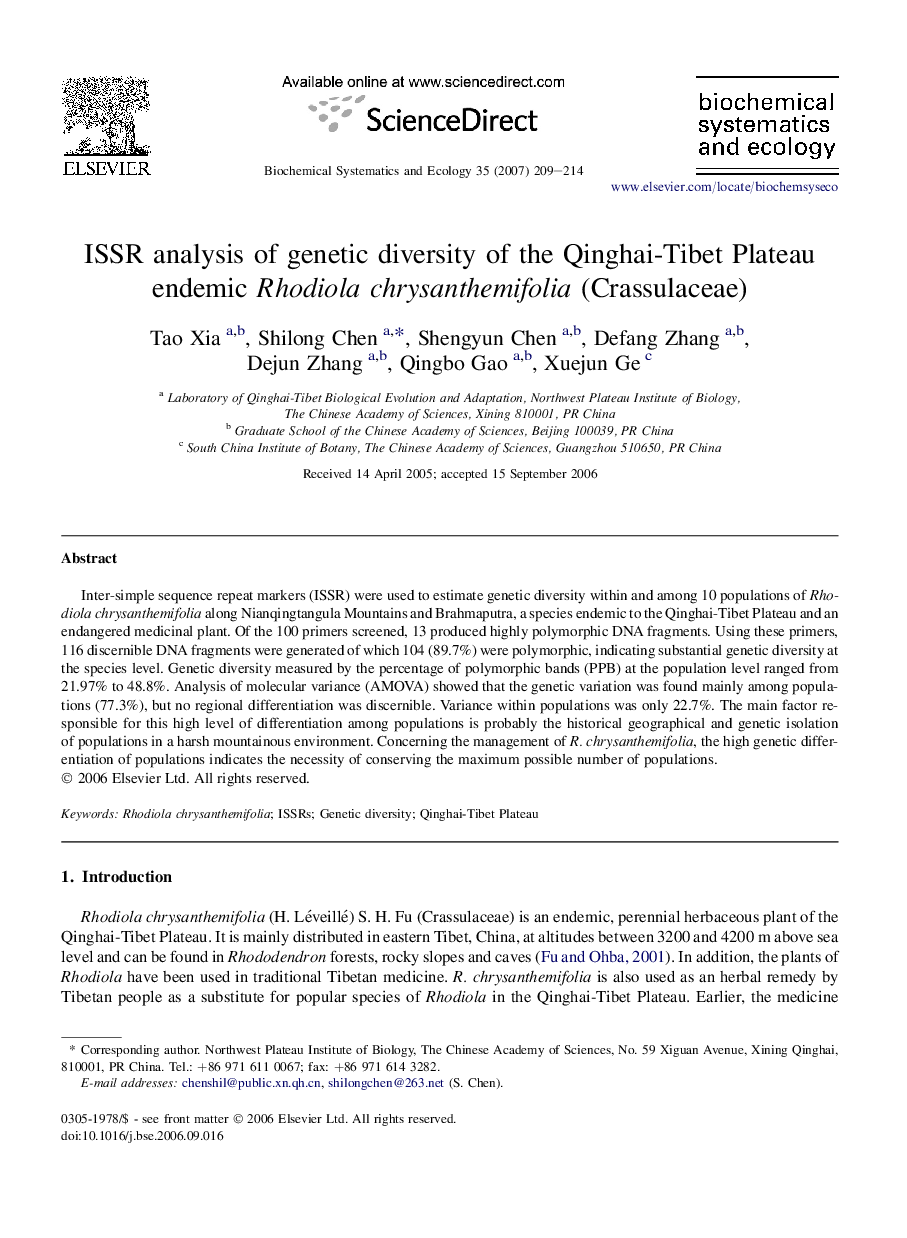 ISSR analysis of genetic diversity of the Qinghai-Tibet Plateau endemic Rhodiola chrysanthemifolia (Crassulaceae)
