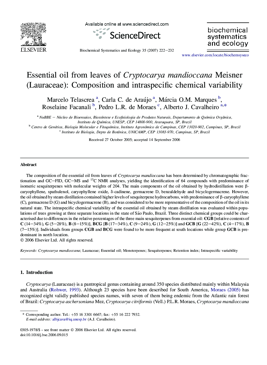 Essential oil from leaves of Cryptocarya mandioccana Meisner (Lauraceae): Composition and intraspecific chemical variability