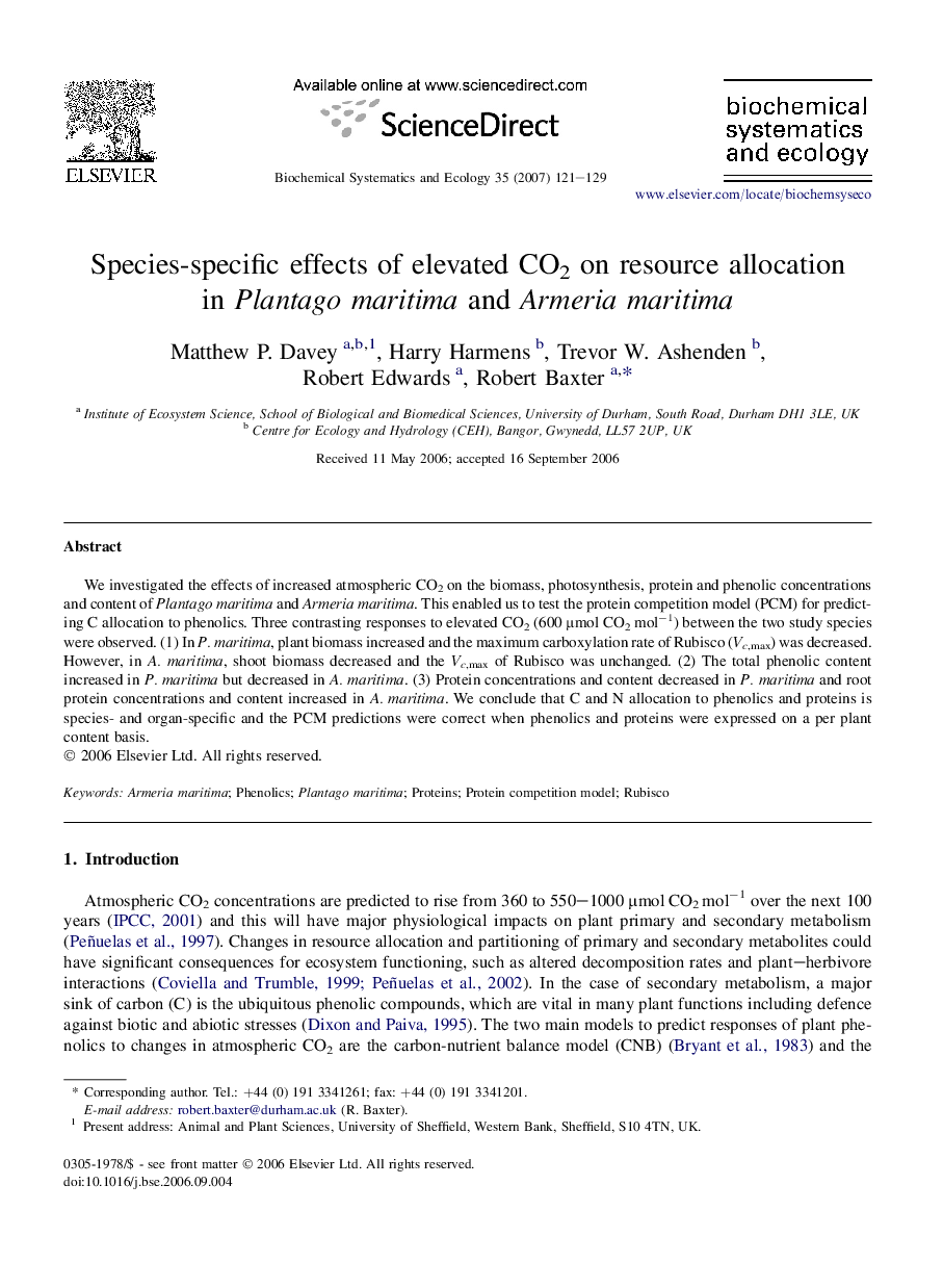 Species-specific effects of elevated CO2 on resource allocation in Plantago maritima and Armeria maritima