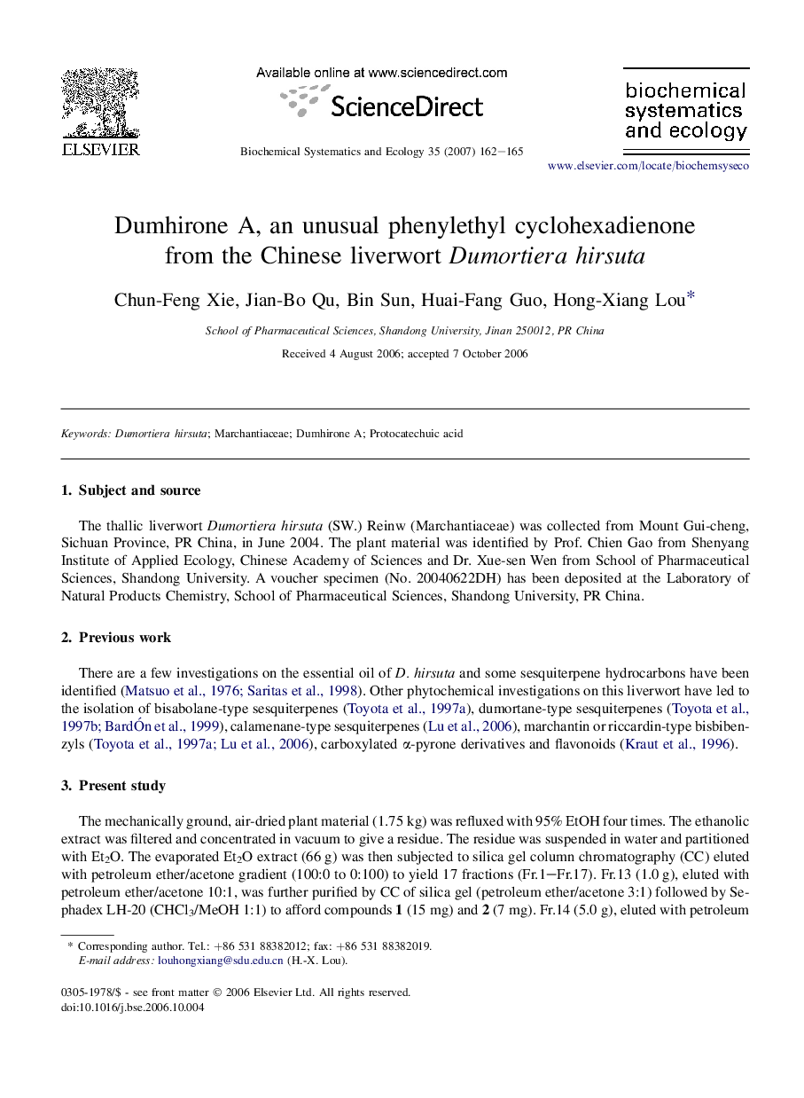 Dumhirone A, an unusual phenylethyl cyclohexadienone from the Chinese liverwort Dumortiera hirsuta