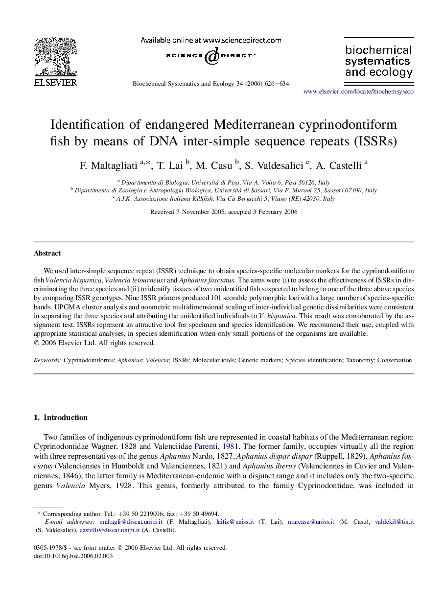 Identification of endangered Mediterranean cyprinodontiform fish by means of DNA inter-simple sequence repeats (ISSRs)