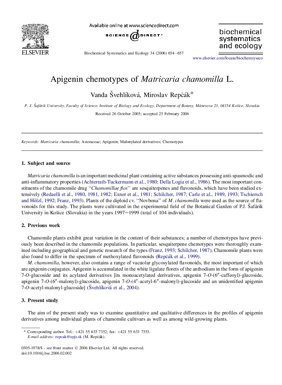 Apigenin chemotypes of Matricaria chamomilla L.