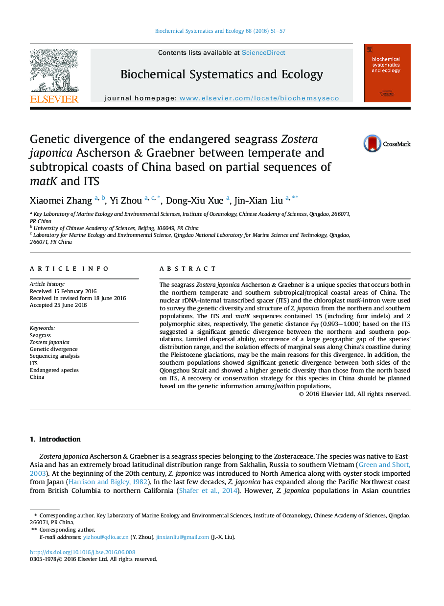 Genetic divergence of the endangered seagrass Zostera japonica Ascherson & Graebner between temperate and subtropical coasts of China based on partial sequences of matK and ITS