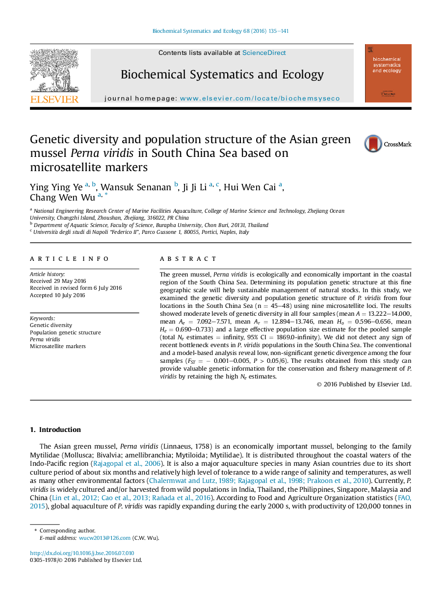 Genetic diversity and population structure of the Asian green mussel Perna viridis in South China Sea based on microsatellite markers