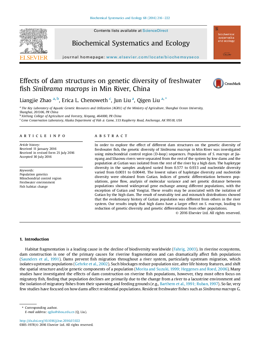عکس صفحه اول مقاله: Effects of dam structures on genetic diversity of freshwater fish Sinibrama macrops in Min River, China Effects of dam structures on genetic diversity of freshwater fish Sinibrama macrops in Min River, China