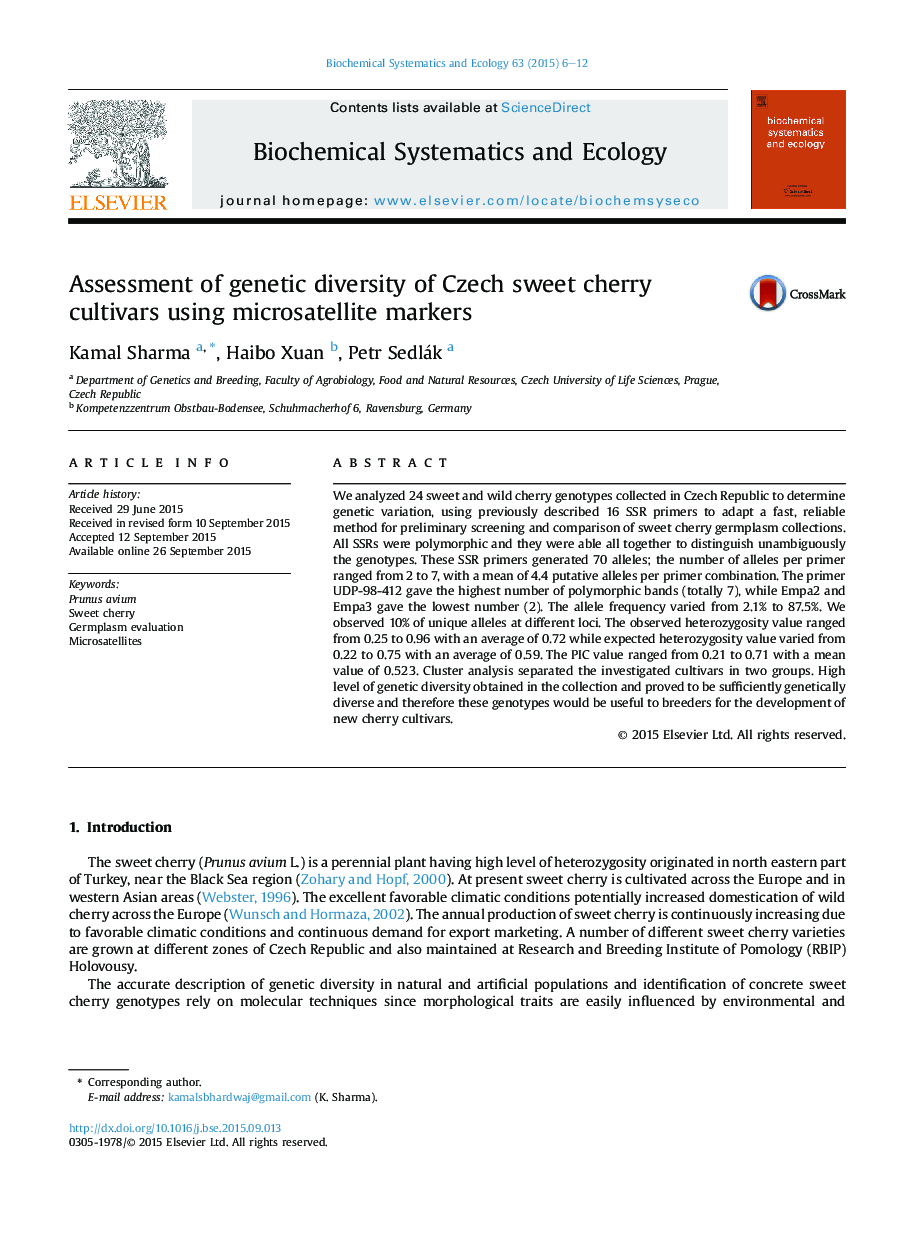 Assessment of genetic diversity of Czech sweet cherry cultivars using microsatellite markers