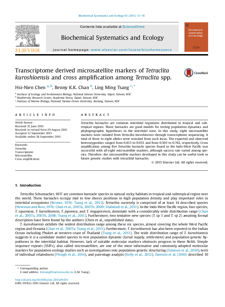 عکس صفحه اول مقاله: Transcriptome derived microsatellite markers of Tetraclita kuroshioensis and cross amplification among Tetraclita spp. Transcriptome derived microsatellite markers of Tetraclita kuroshioensis and cross amplification among Tetraclita spp.