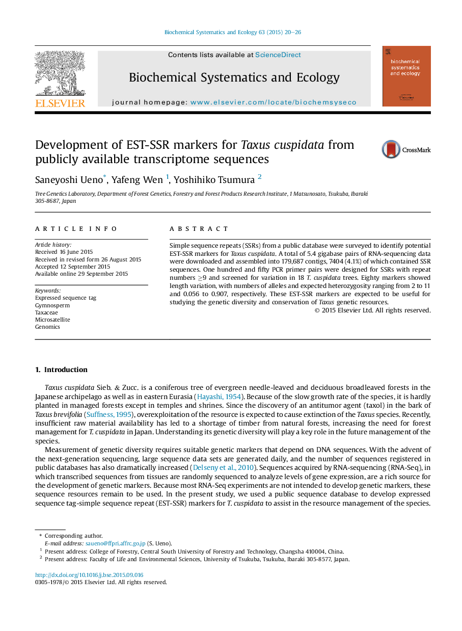 Development of EST-SSR markers for Taxus cuspidata from publicly available transcriptome sequences