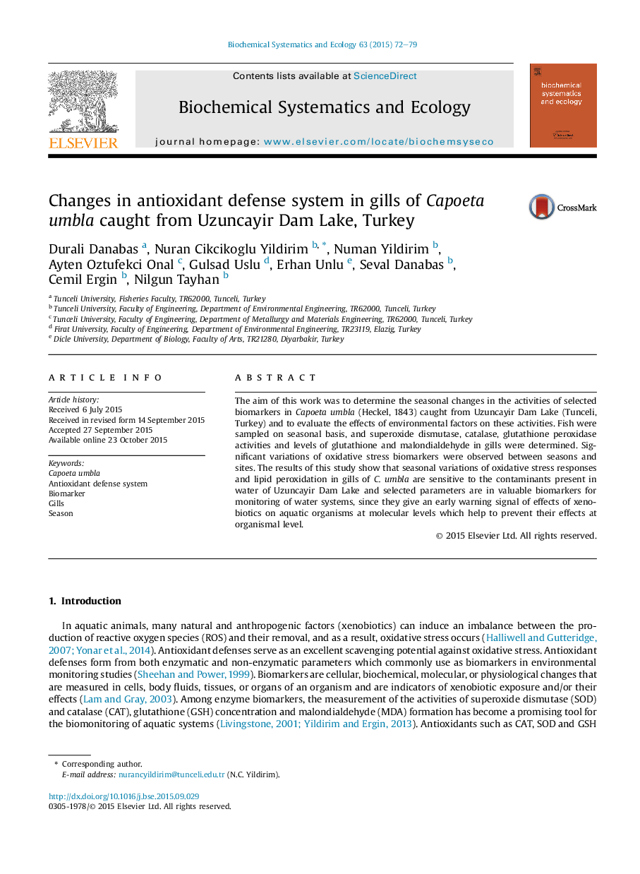 Changes in antioxidant defense system in gills of Capoeta umbla caught from Uzuncayir Dam Lake, Turkey