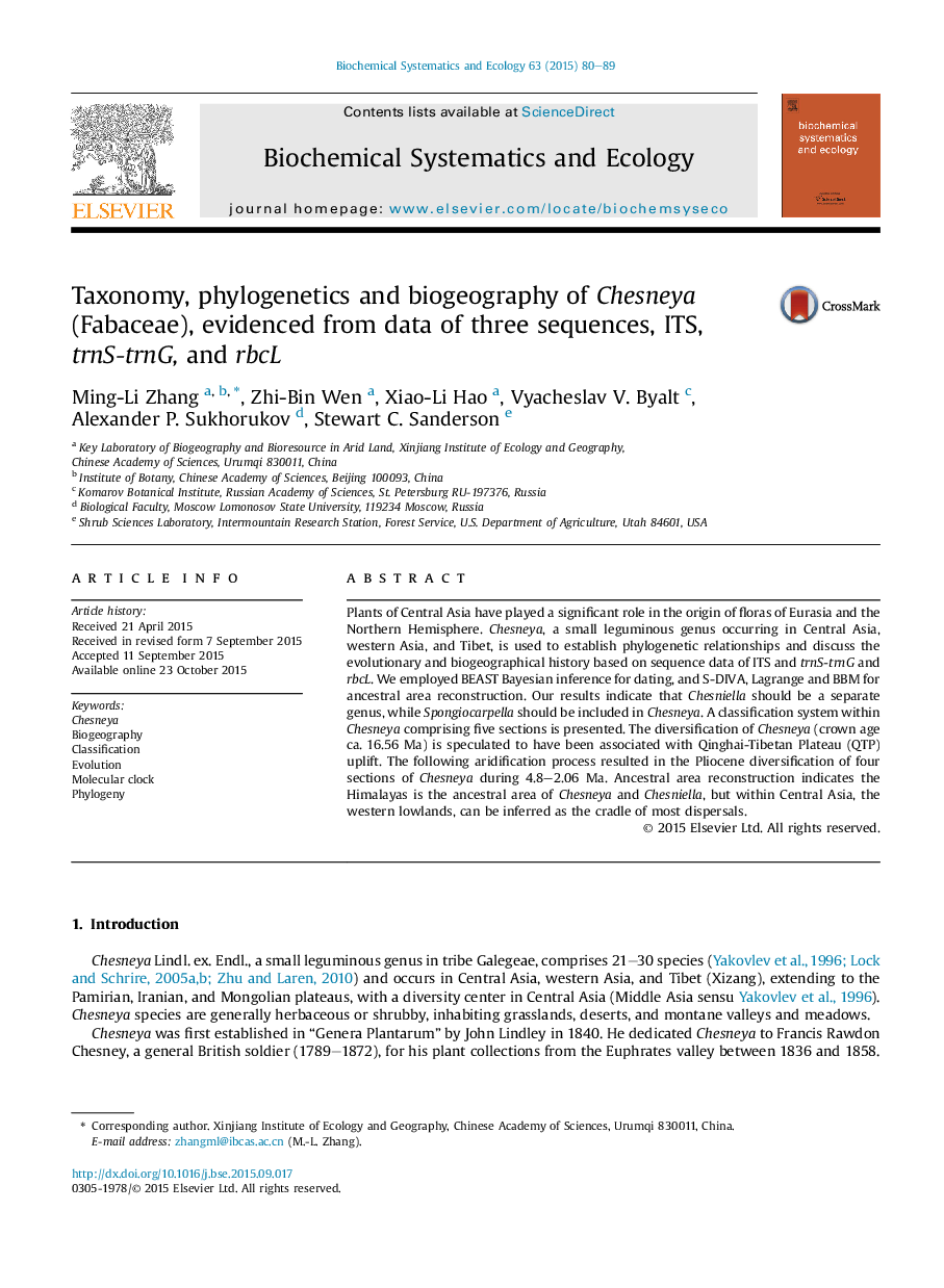 Taxonomy, phylogenetics and biogeography of Chesneya (Fabaceae), evidenced from data of three sequences, ITS, trnS-trnG, and rbcL
