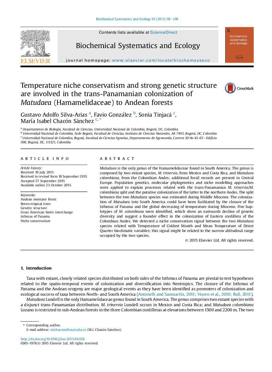 Temperature niche conservatism and strong genetic structure are involved in the trans-Panamanian colonization of Matudaea (Hamamelidaceae) to Andean forests