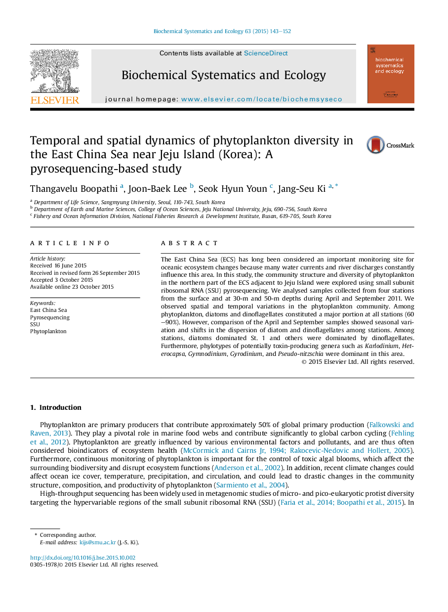 Temporal and spatial dynamics of phytoplankton diversity in the East China Sea near Jeju Island (Korea): A pyrosequencing-based study