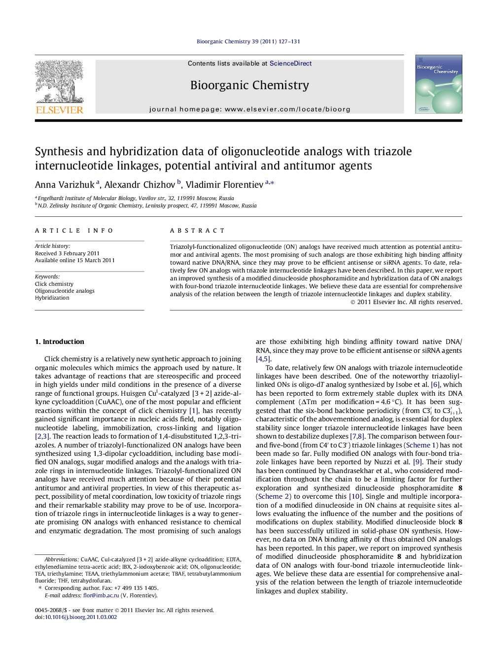 Synthesis and hybridization data of oligonucleotide analogs with triazole internucleotide linkages, potential antiviral and antitumor agents