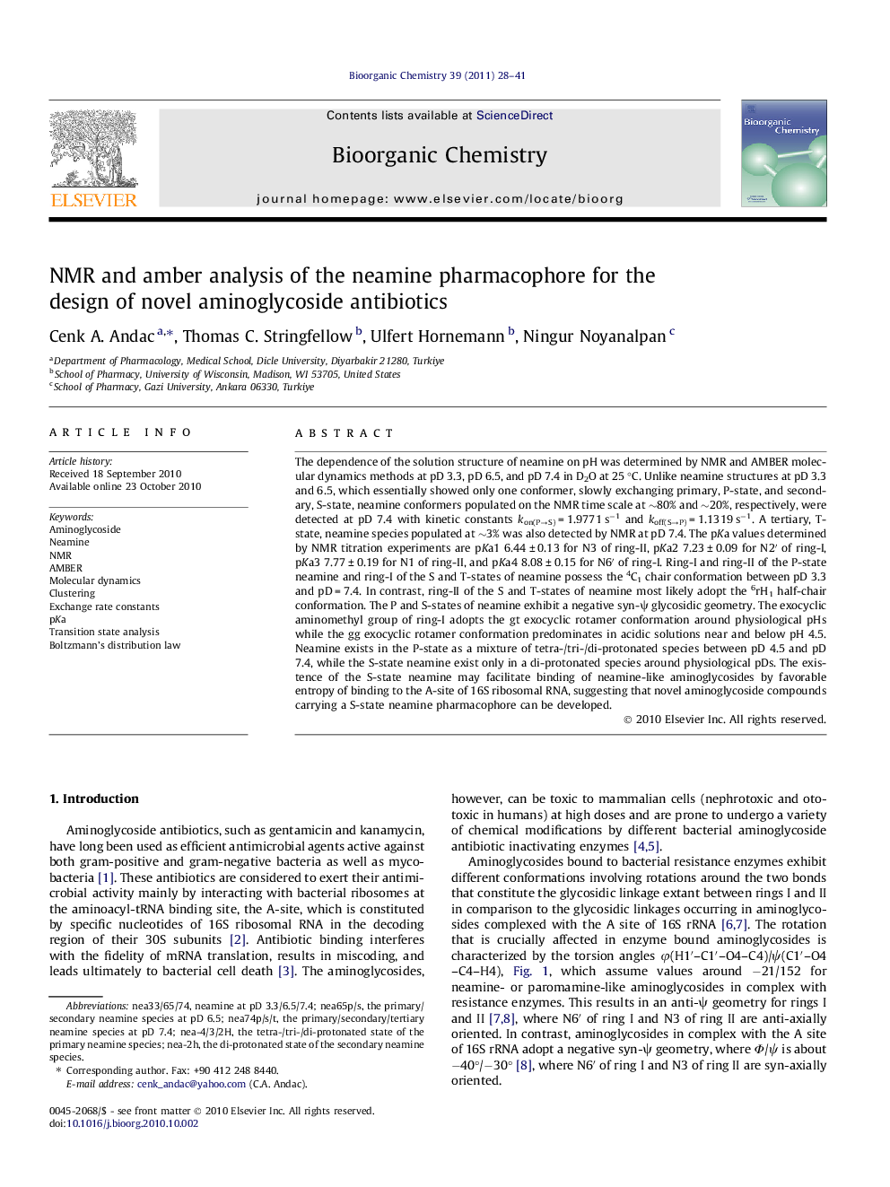 NMR and amber analysis of the neamine pharmacophore for the design of novel aminoglycoside antibiotics